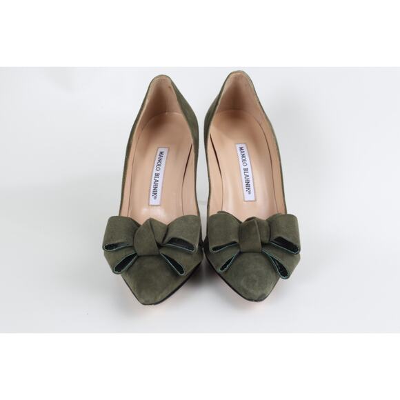 Manolo Blahnik Green Suede Bow Pumps Handmade Italy Designer Heels Size 37 - Picture 4 of 13